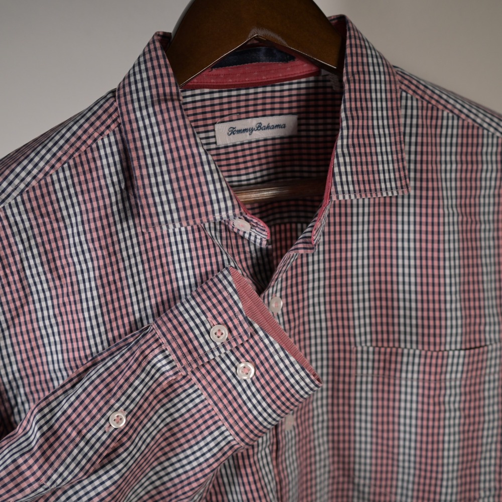 Tommy‎ Bahama Mens Cotton Silk Gingham Check Long Sleeve Button Down Shirt Red M